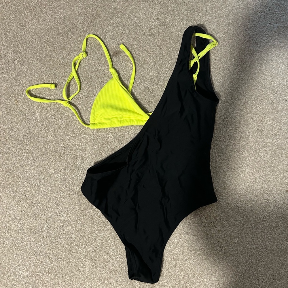 SHEIN Black and Neon Yellow One Piece Swimsuit with bikini peek out